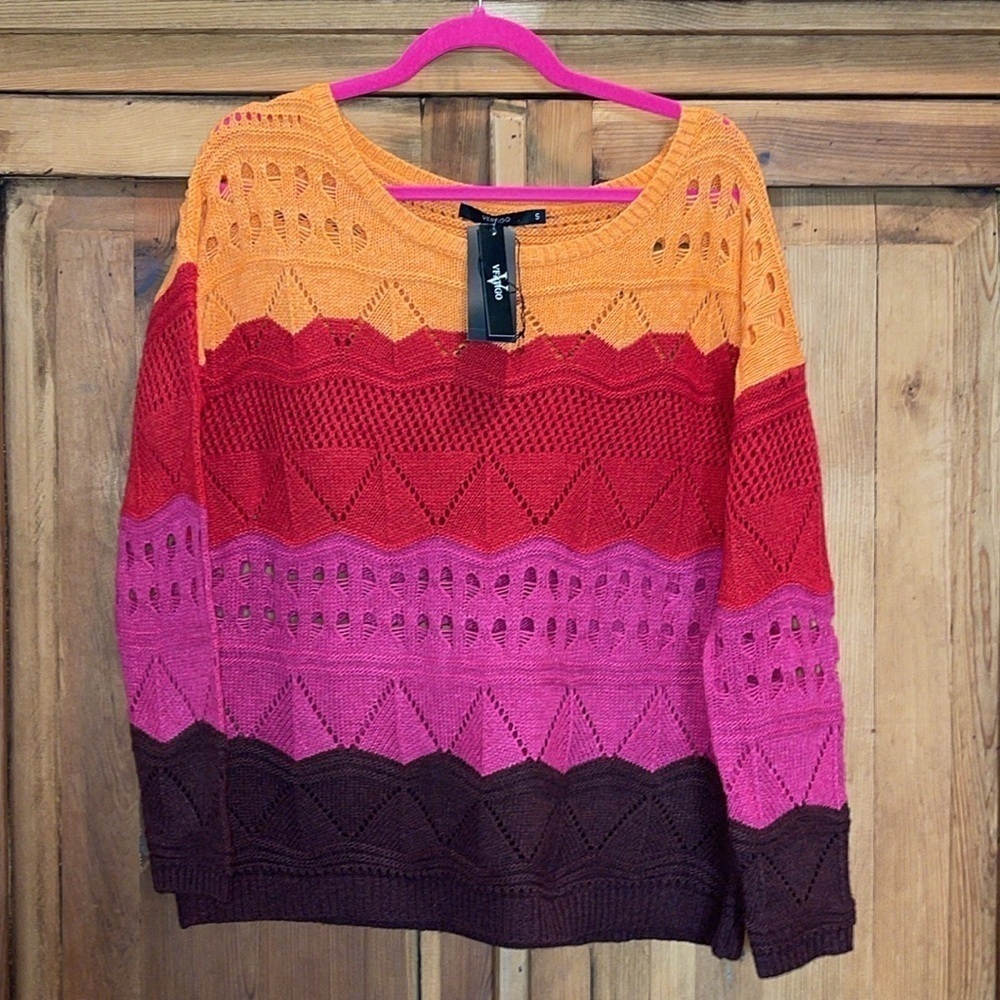 NWOT Vertigo Pointelle Knit Multi Colored Striped Pattern Crewneck Sweater Sz. S